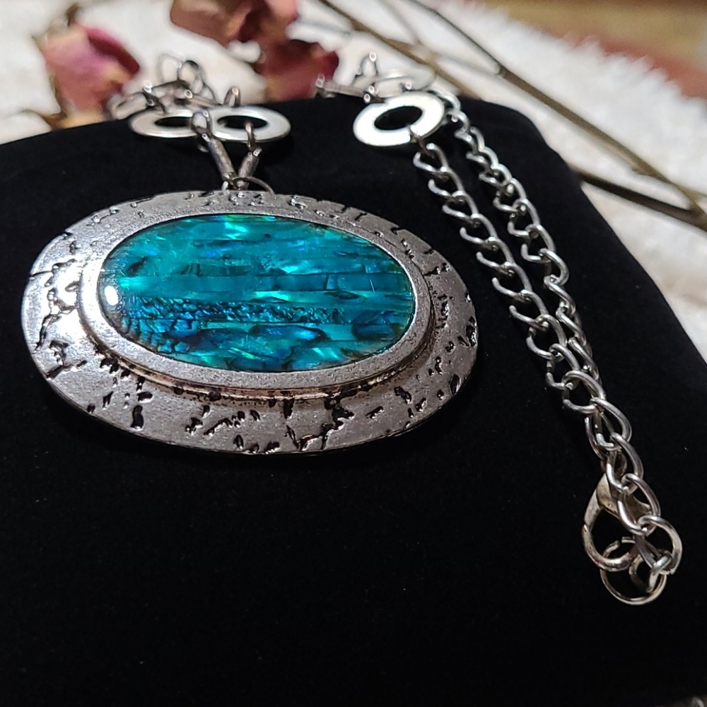 Turquoise Abalone Necklace Oval Pendant Aztec Native Distressed Silvertone Geom